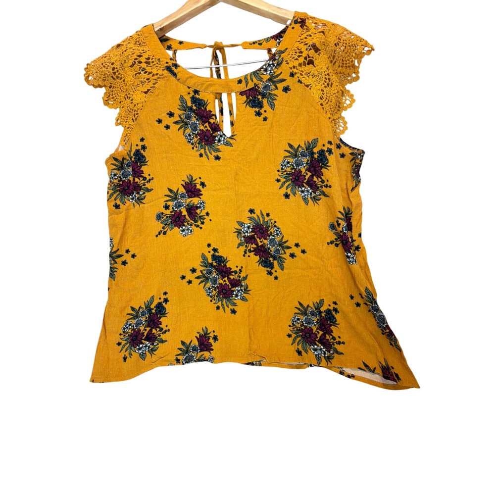 Moda USA Mustard Yellow Floral Crochet Lace Sleeve Tie Back Top Boho coquette L